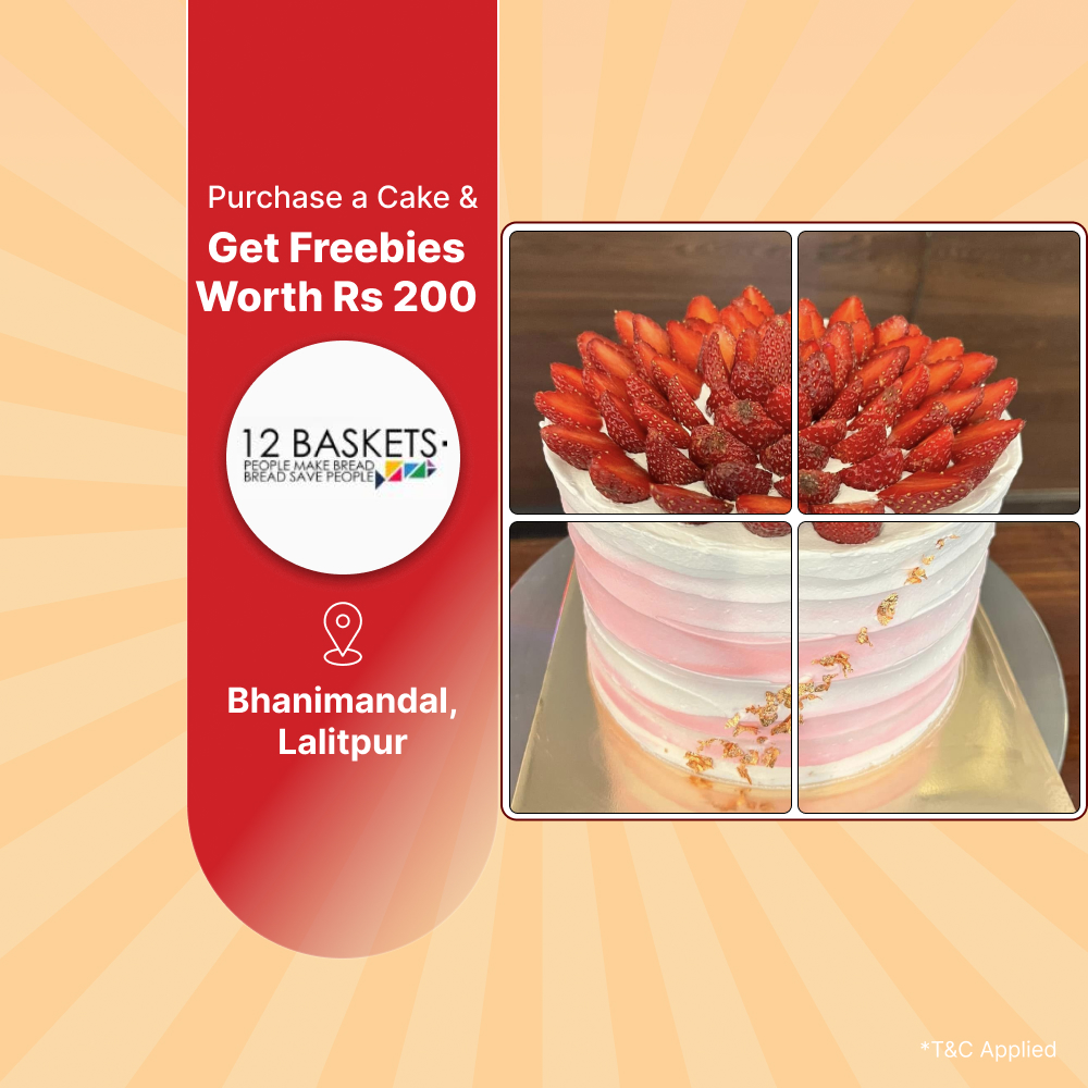 Purchase a cake and get freebies worth Rs. 200 at 12 Baskets Bakery & Cafe